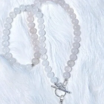 Another view of the Divine Love Necklace: Long Rose Quartz & Danburite Toggle Necklace with Heart Pendant