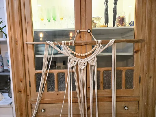 Another view of the Macramé Wall Hanging with Wooden Bead Arc