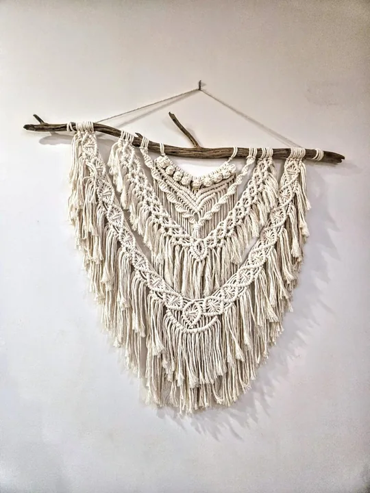 Another view of the Layered Macramé, Natural Cotton on Driftwood