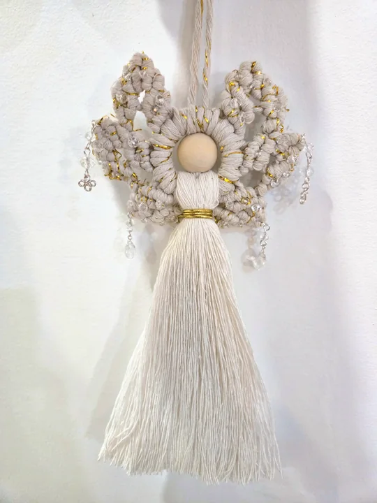 Cream macramé angel with pearls and crystal drops on her wings