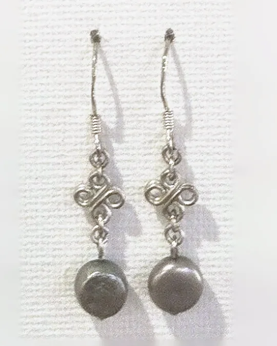 Another view of the Grey Coin Pearl & Flower Earrings