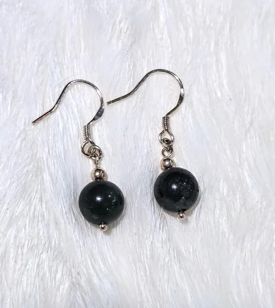 Dark green moss agate bead earrings on 925 sterling silver ear hooks, on white fur