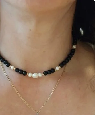 Another view of the Black Onyx, Pearl & 14k Gold-Filled Collar Necklace