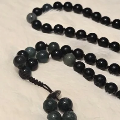 Another view of the Onyx & Moss Agate Mala Necklace