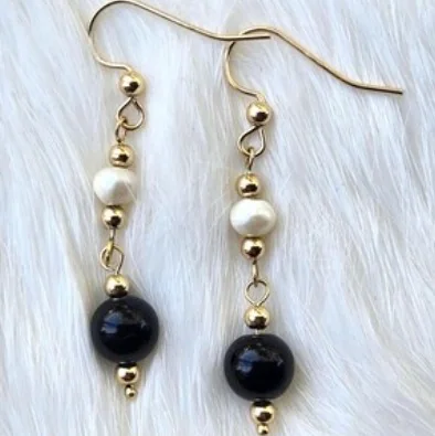 Another view of the Onyx, Pearl & 14k Gold-Filled Dangle Earrings