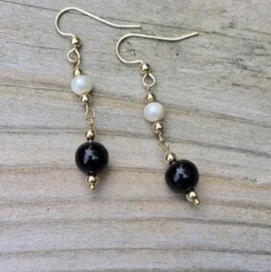 Another view of the Onyx, Pearl & 14k Gold-Filled Dangle Earrings