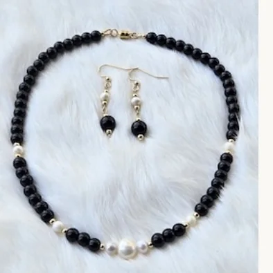 Another view of the Onyx, Pearl & 14k Gold-Filled Dangle Earrings