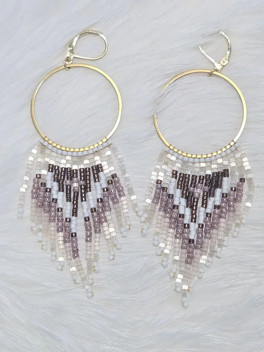 Another view of the Lavender & White Beaded Hoop Earrings