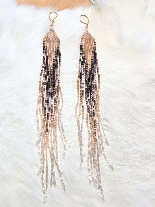 Very long beaded fringe earrings fading from cocoa to blush pink to white