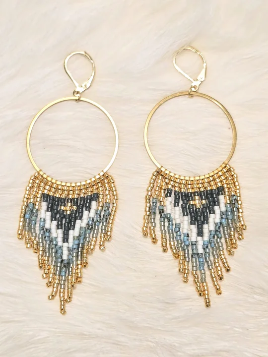 Another view of the Teal & Gold Beaded Hoop Earrings
