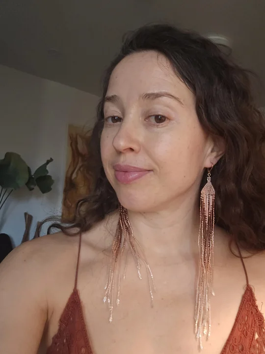 Another view of the Blush Ombré Long Fringe Earrings