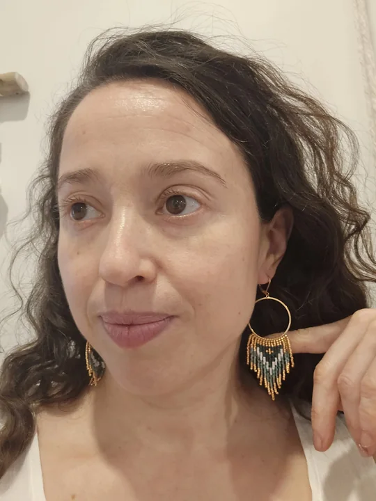 Another view of the Teal & Gold Beaded Hoop Earrings