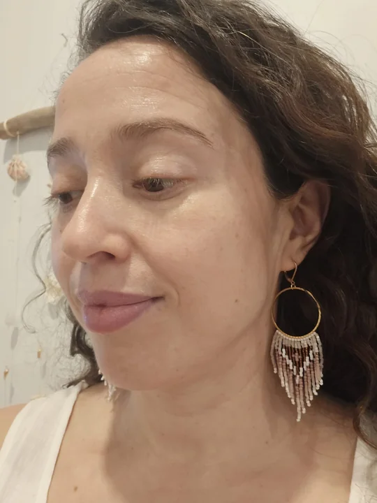 Another view of the Lavender & White Beaded Hoop Earrings
