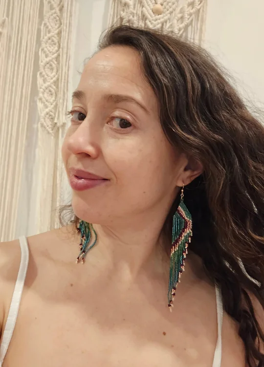 Another view of the Teal & Plum Long Fringe Earrings