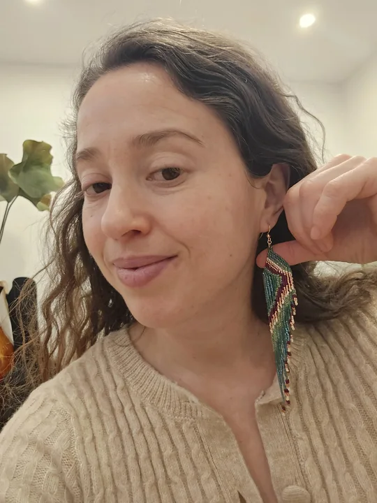 Another view of the Teal & Plum Long Fringe Earrings