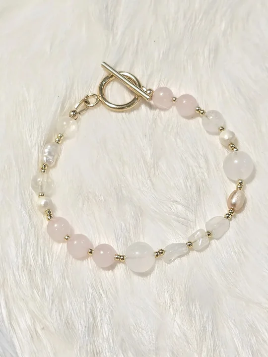 Another view of the Rose Quartz, Danburite, Moonstone & Pearl Bracelet