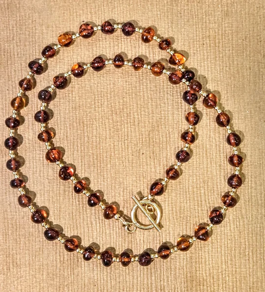 Another view of the Cognac Baltic Amber & Pearl Necklace