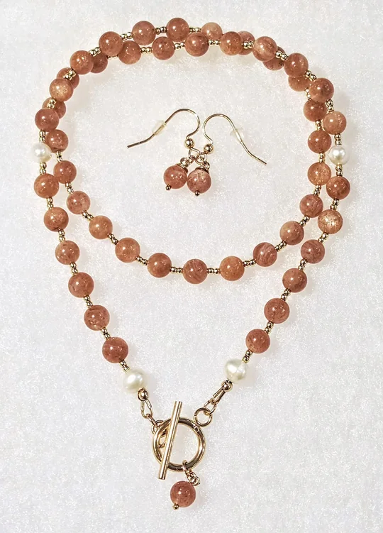 Another view of the Sunstone & Pearl Toggle Necklace