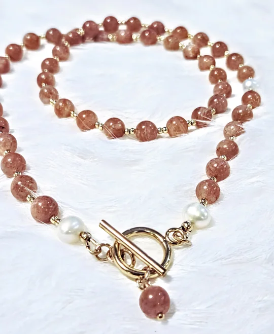 Another view of the Sunstone & Pearl Toggle Necklace