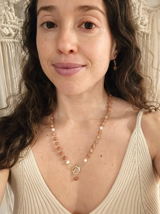 Another view of the Sunstone & Pearl Toggle Necklace