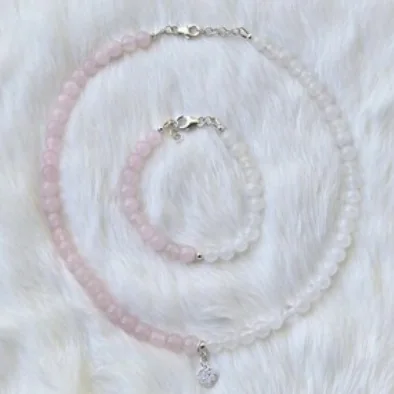 Another view of the Rose Quartz & Danburite Necklace with Sterling Silver Heart Pendant
