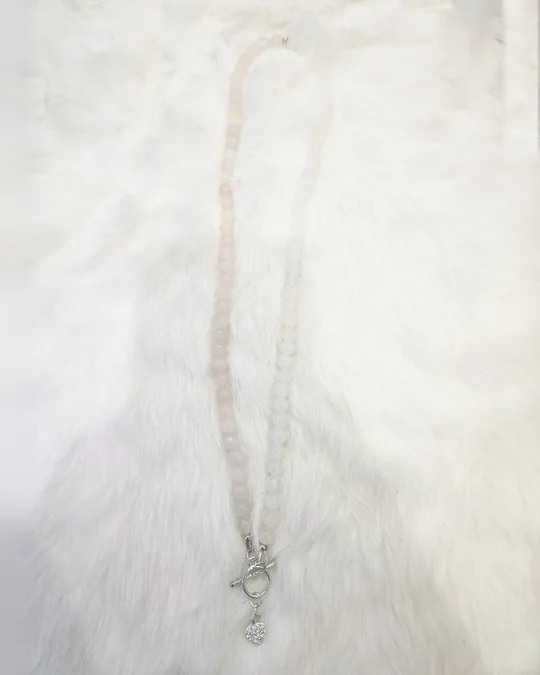 Another view of the Divine Love Necklace: Long Rose Quartz & Danburite Toggle Necklace with Heart Pendant