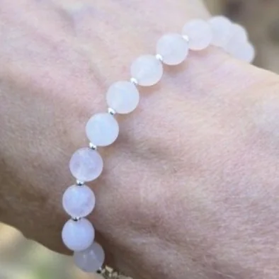 Another view of the Rose Quartz Bracelet with Sterling Silver Beads and Clasp