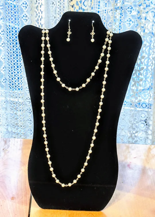 Long Pearl Necklace and Earrings