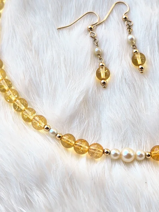 Another view of the Citrine & Vintage Pearl Set: Collar Necklace and Earrings