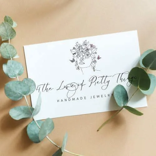 The 4 the Love of Pretty Things business card: a line drawing of a woman crowned with flowers and butterflies, and the words Handmade Jewelry